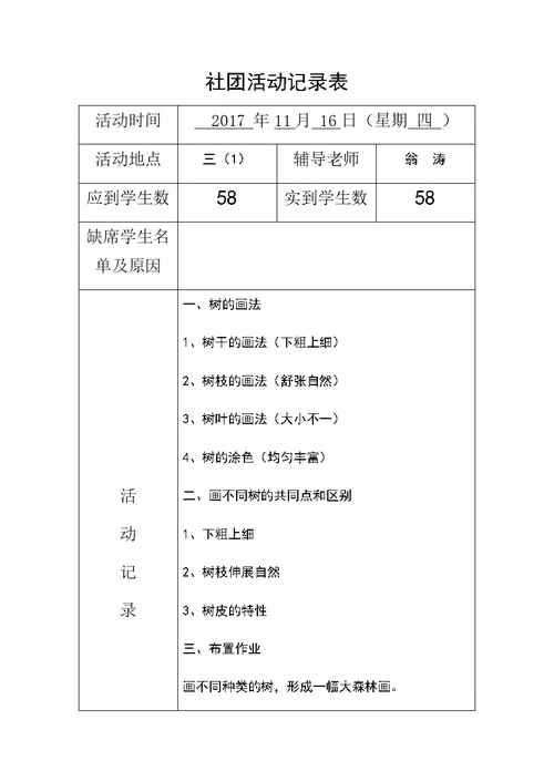 2017-2018第一学年美术社团活动记录表