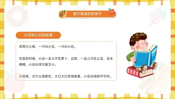 黄色卡通风幼儿园认识美食PPT模板