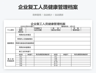 企业复工人员健康管理档案