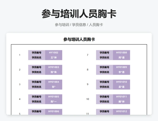 参与培训人员胸卡