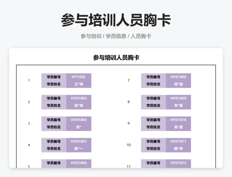 参与培训人员胸卡