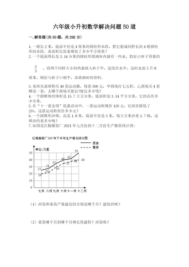 六年级小升初数学解决问题50道含答案(培优).docx