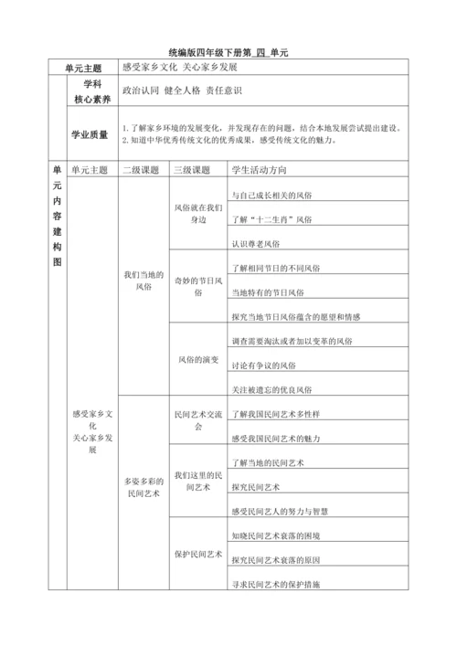 【大单元教学设计】统编版四年级下册道德与法治 第四单元备课教案