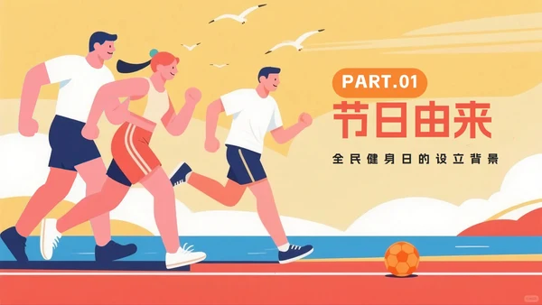 橙色卡通插画风全民健身日节日科普PPT模板