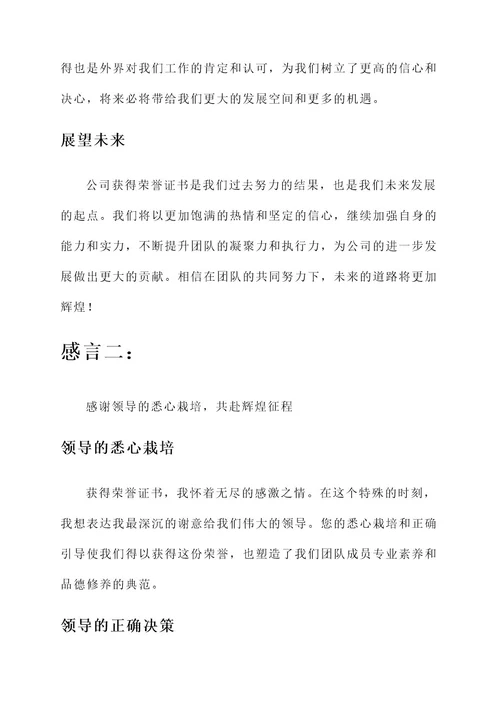 公司获得荣誉证书的感言