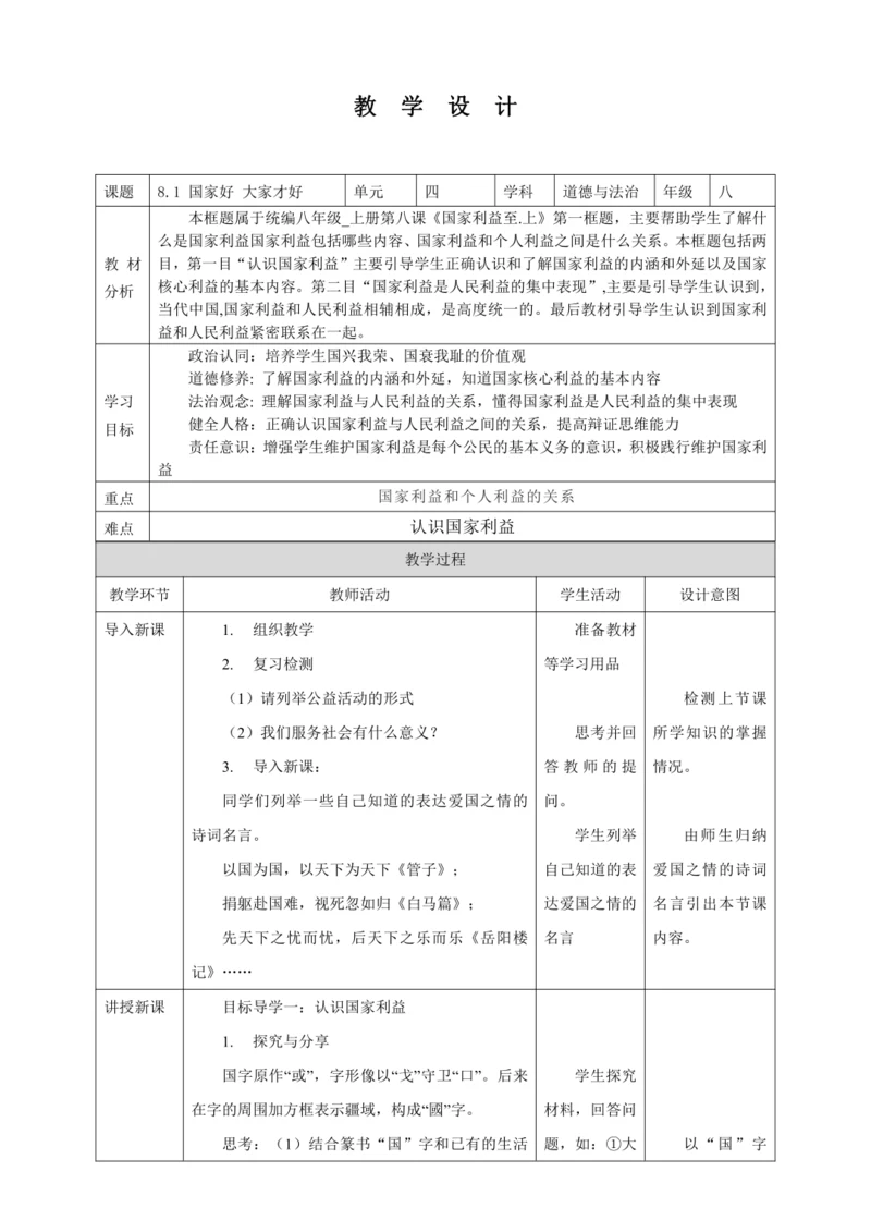 8.1 国家好 大家才好 教案（表格式）人教版八年级道德与法治 上册