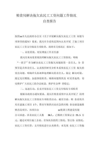 粮食局解决拖欠农民工工资问题工作情况自查报告