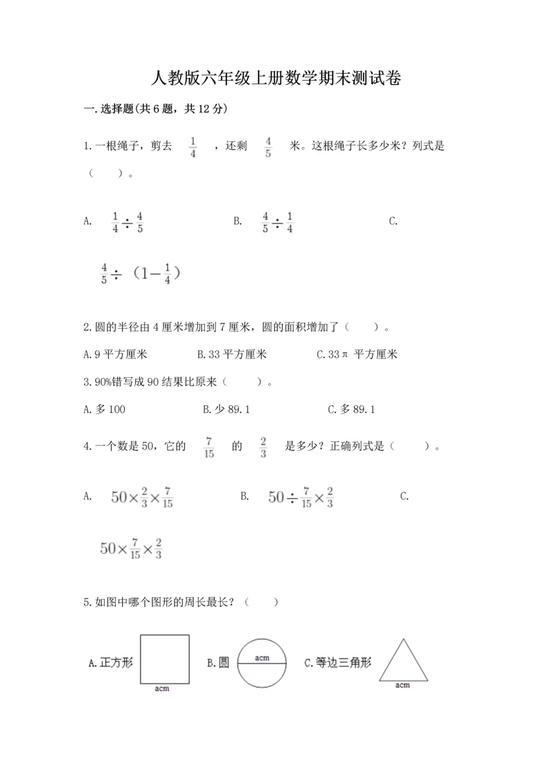 人教版六年级上册数学期末测试卷精品【达标题】.docx
