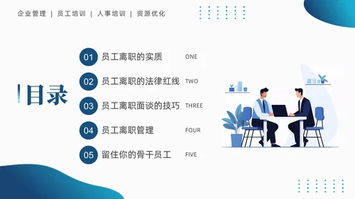 蓝色商务简约员工离职管理技巧培训PPT课件