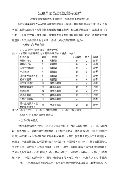 2010年理综生物试卷分析