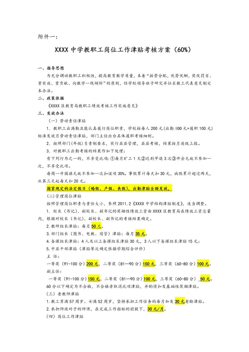 01-中学教职工岗位工作津贴考核方案（附件一）.docx