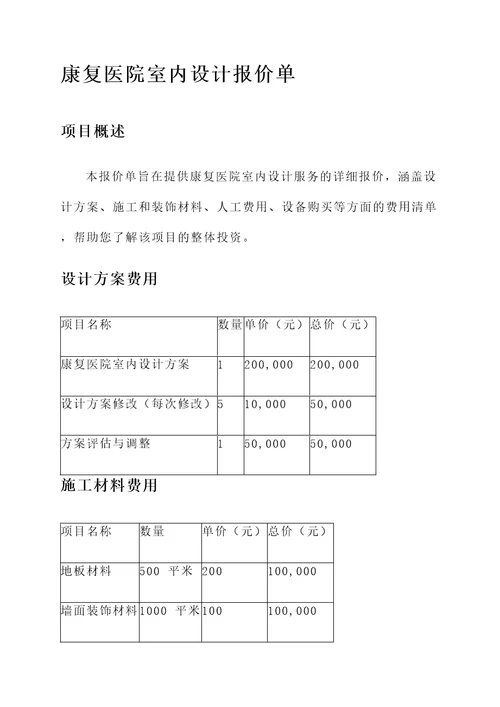 康复医院室内设计报价单