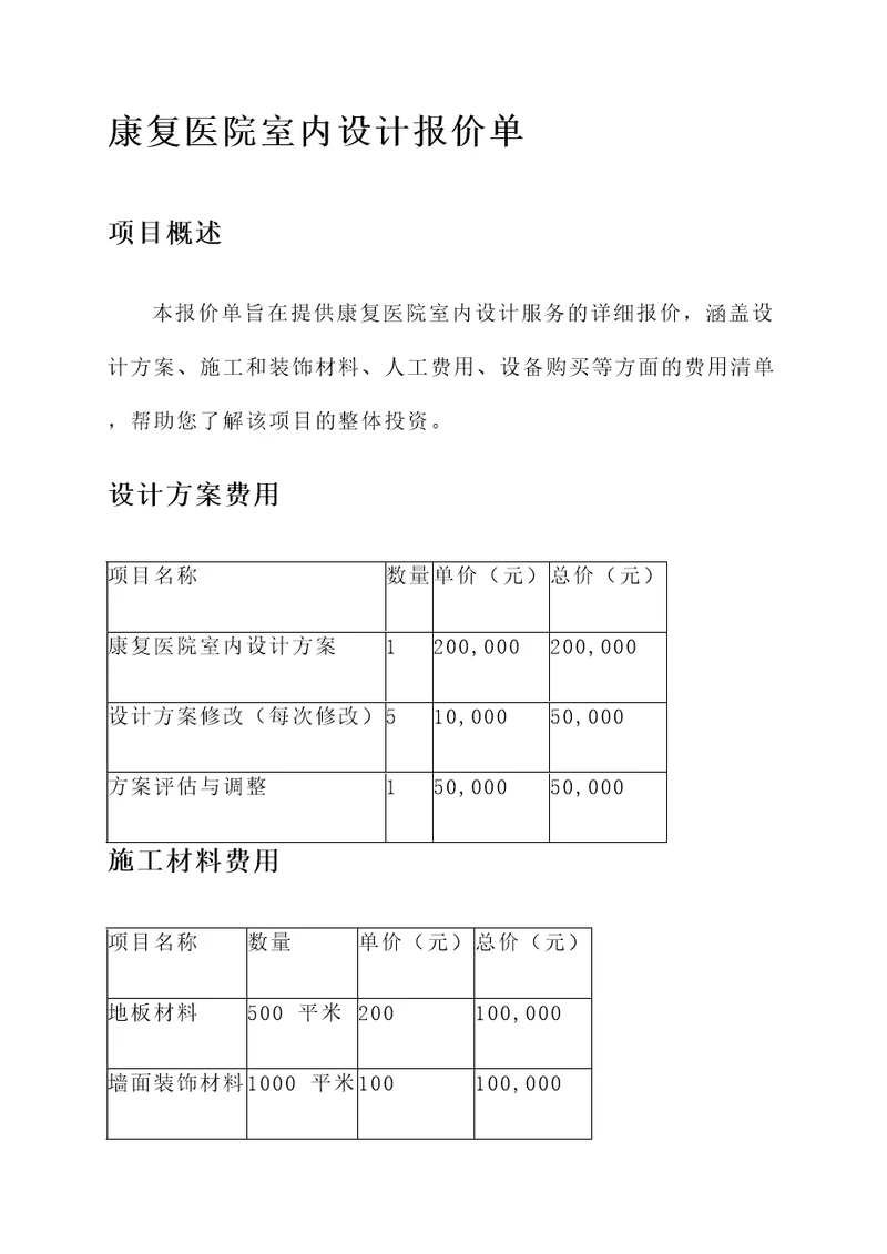 康复医院室内设计报价单