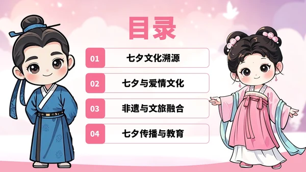粉红色卡通风七夕节文化故事宣传讲解PPT