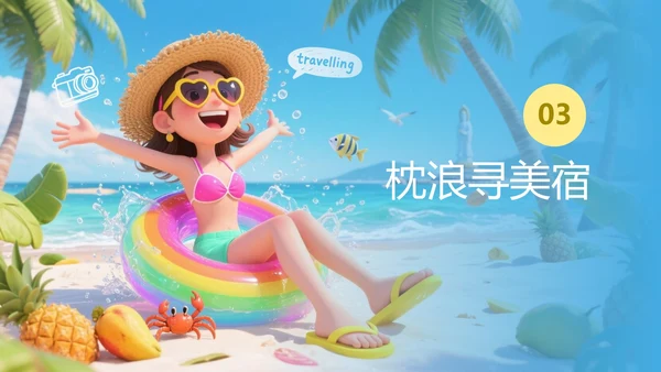 卡通蓝色插画嗨玩海南旅游攻略PPT模板