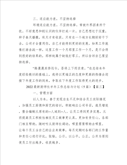 2022最新厨师长半年工作总结与计划5篇工作总结范文