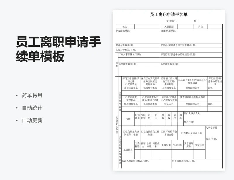 员工离职申请手续单模板