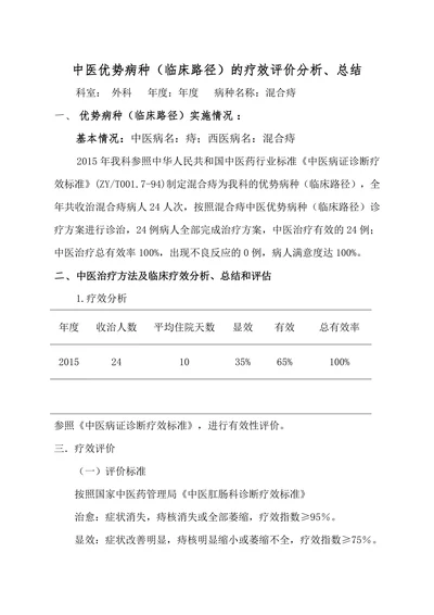 中医优势病种（临床路径）的疗效评价分析、总结
