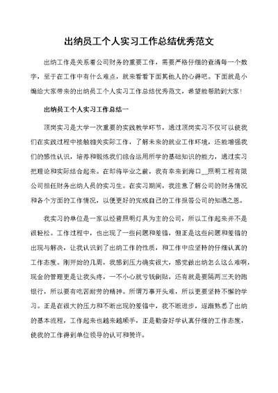 出纳员工个人实习工作总结优秀范文