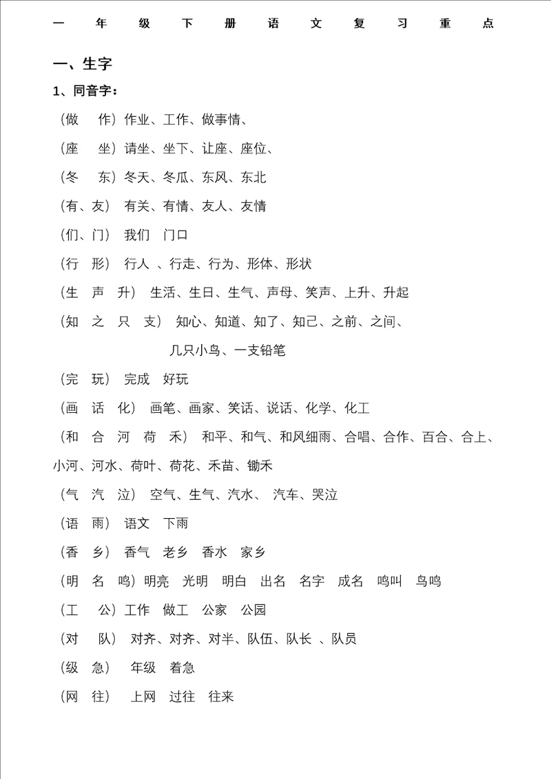 一年级下册语文复习重点词句