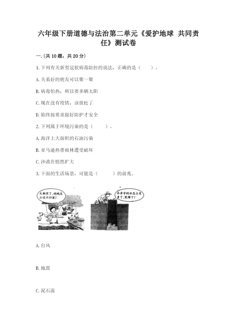 六年级下册道德与法治第二单元《爱护地球 共同责任》测试卷精品（夺冠）.docx