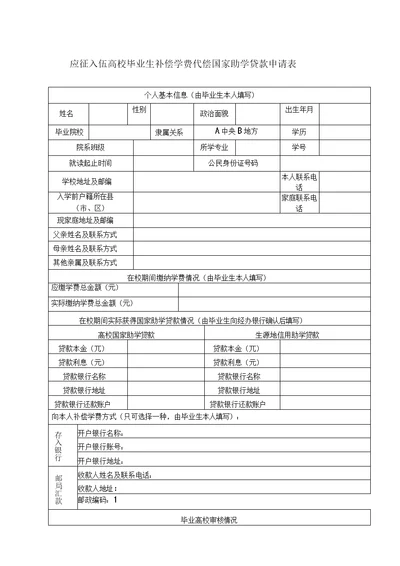 应征入伍高校毕业生补偿学费代偿国家助学贷款申请表