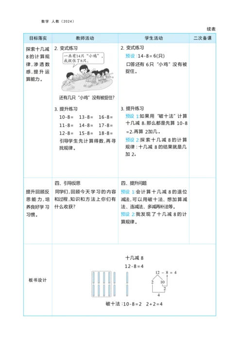 第二单元20以内的退位减法（大单元教学设计）-2024-2025学年一年级下册数学人教版（2024）