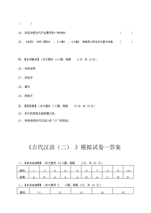 古代汉语二模拟试卷及答案