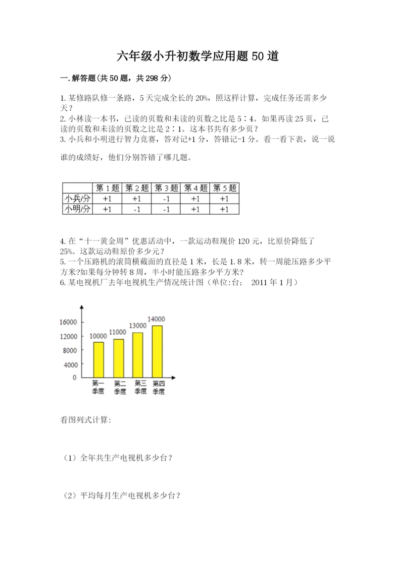 六年级小升初数学应用题50道及参考答案【巩固】.docx