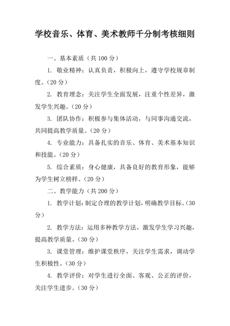 学校音乐体育美术教师千分制考核细则