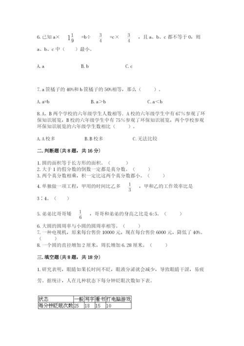 小学六年级上册数学期末测试卷含答案【精练】.docx