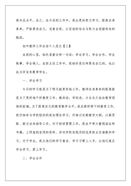 初中教师工作总结个人范文