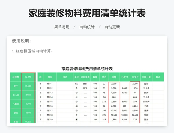 家庭装修物料费用清单统计表