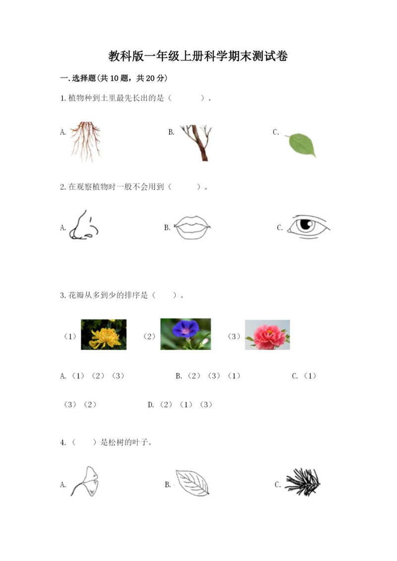 教科版一年级上册科学期末测试卷【预热题】.docx