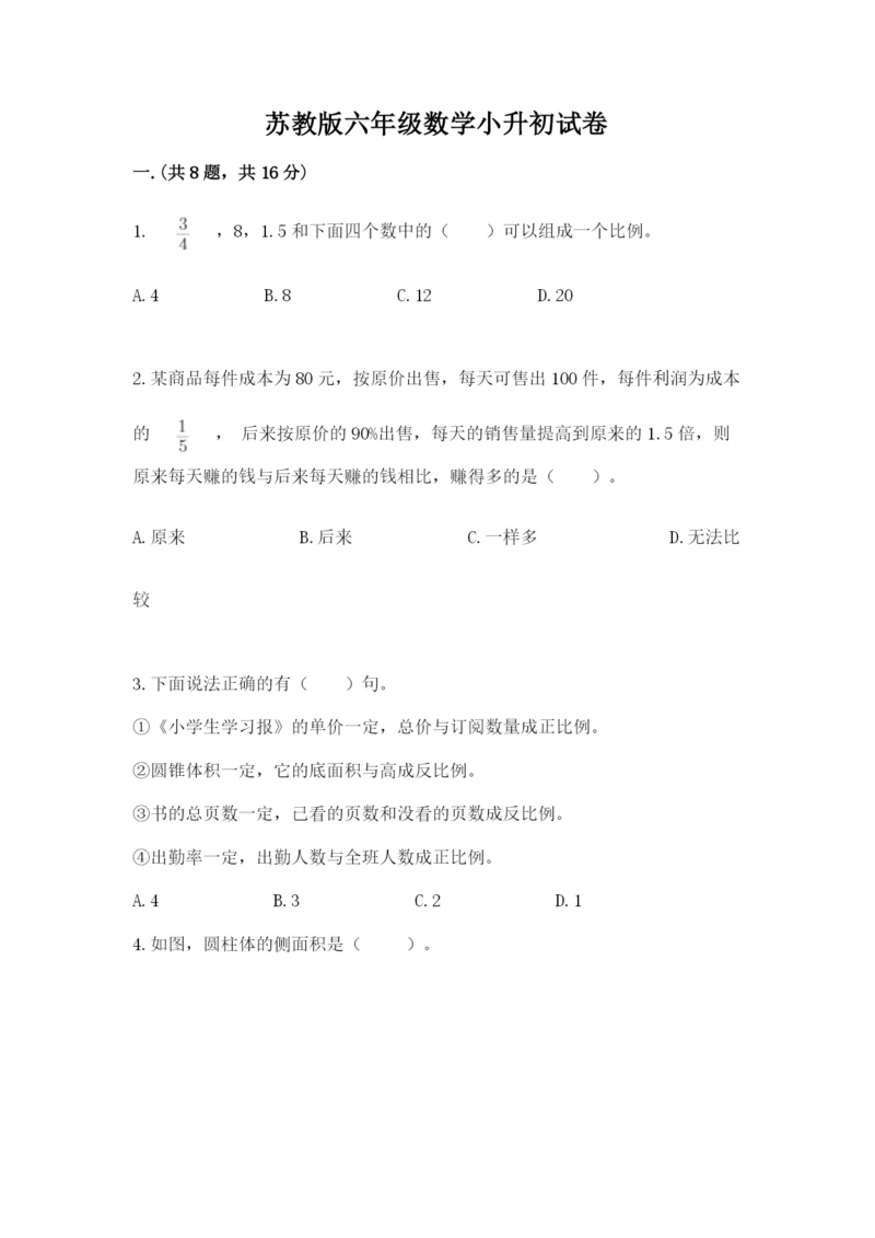 苏教版六年级数学小升初试卷（突破训练）.docx