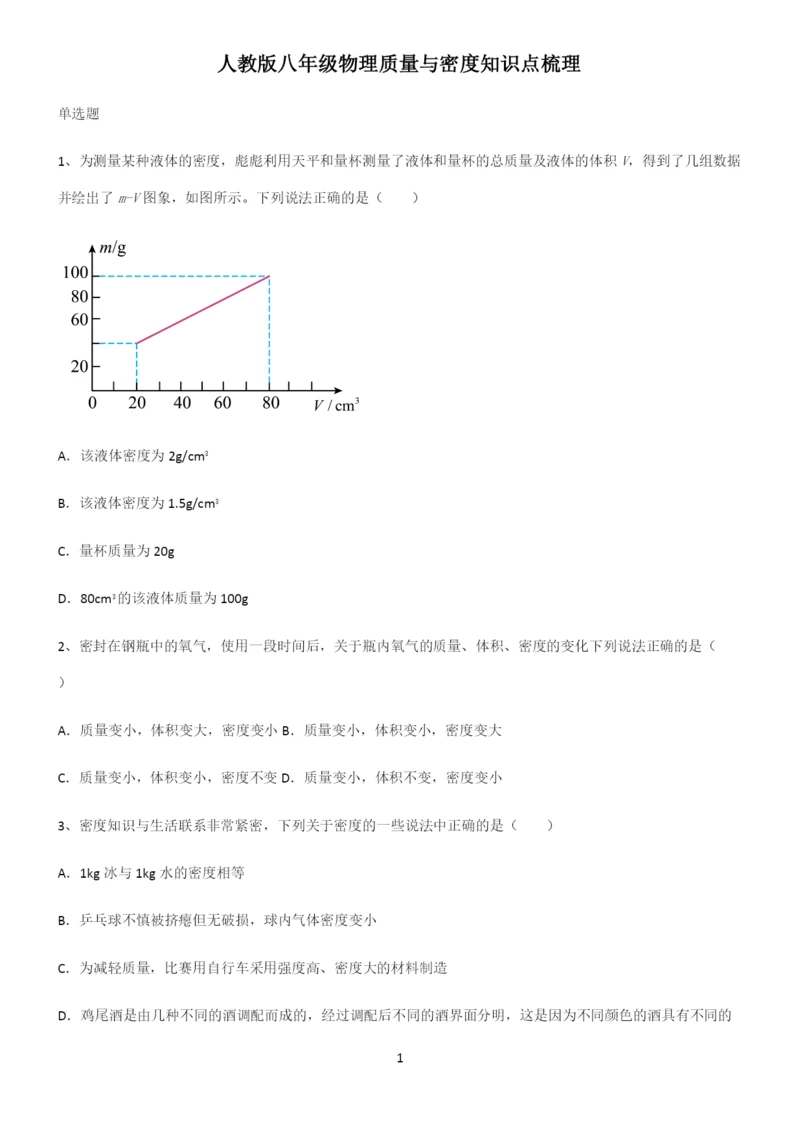 人教版八年级物理质量与密度知识点梳理.docx