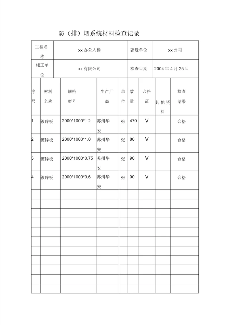 防排烟系统材料检查记录