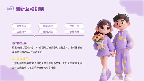 紫色3D风心动告白礼七夕鲜花店促销活动PPT模板