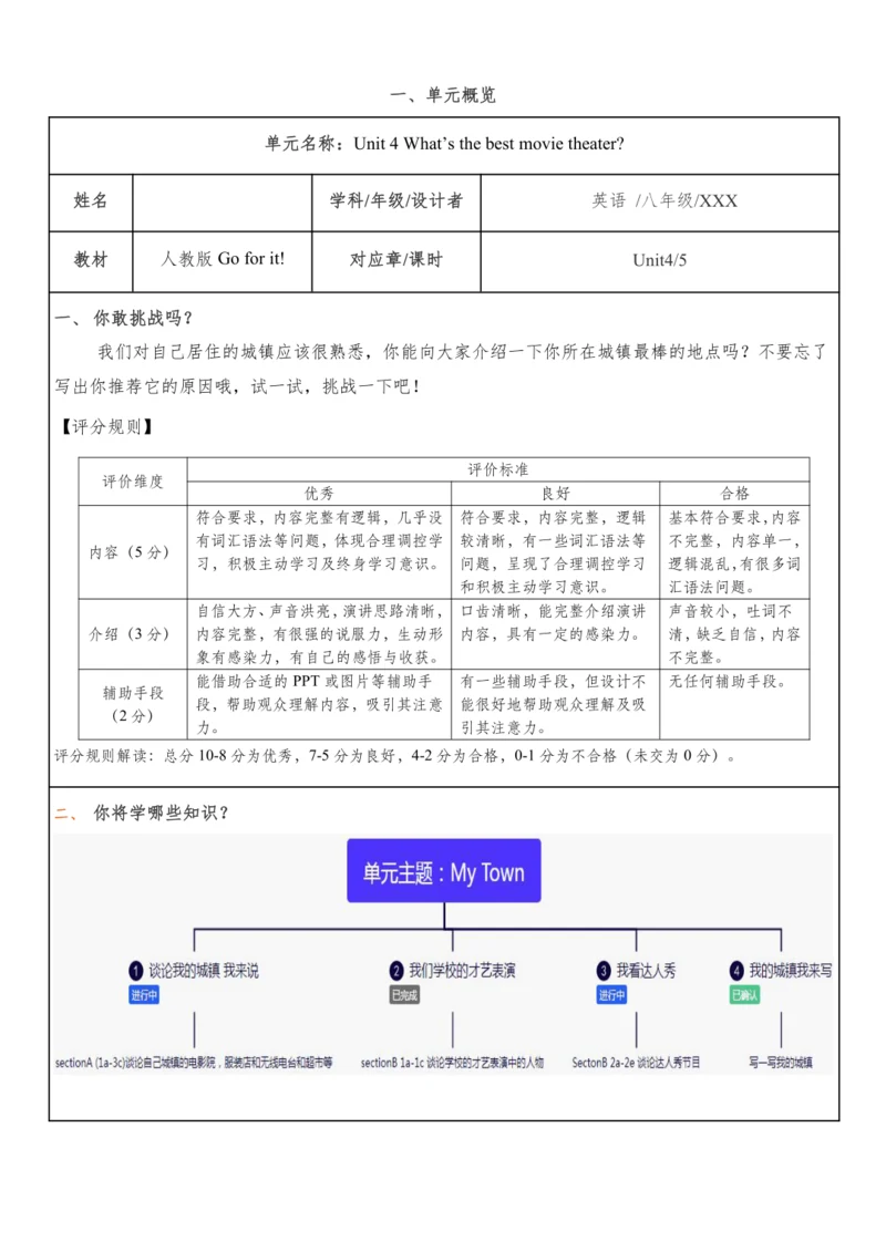 Unit 4 What’s the best movie theater.大单元整体教学分析+学历案
