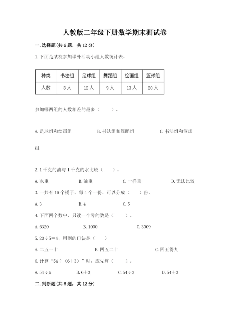 人教版二年级下册数学期末测试卷（夺分金卷）.docx