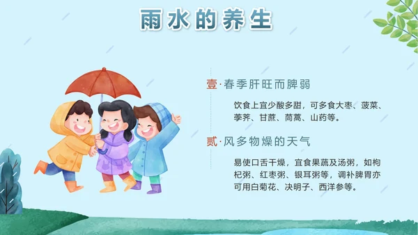 蓝色卡通户外二十四节气雨水节气带内容PPT模板