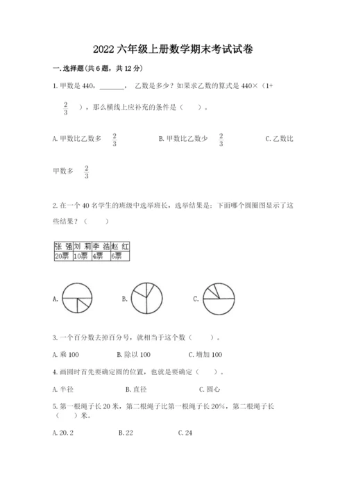 2022六年级上册数学期末考试试卷及答案（有一套）.docx