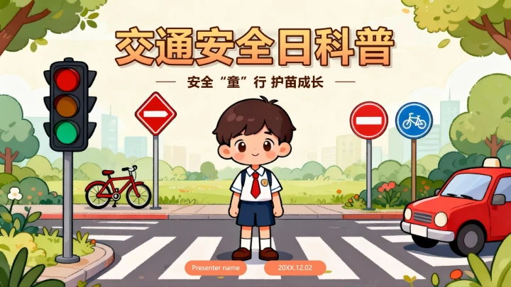 手绘卡通插画风交通安全日科普主题班会PPT模板