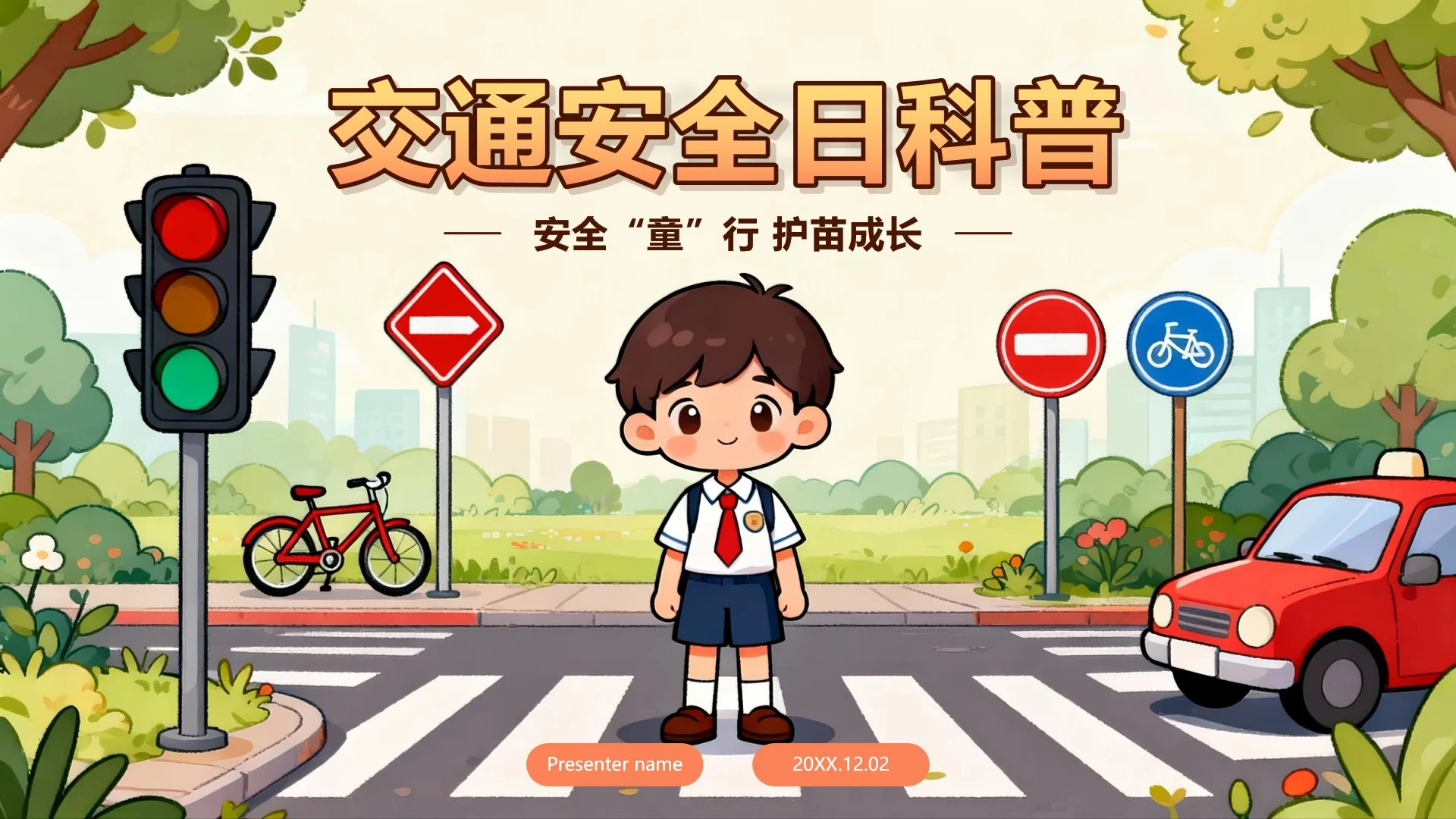 手绘卡通插画风交通安全日科普主题班会PPT模板