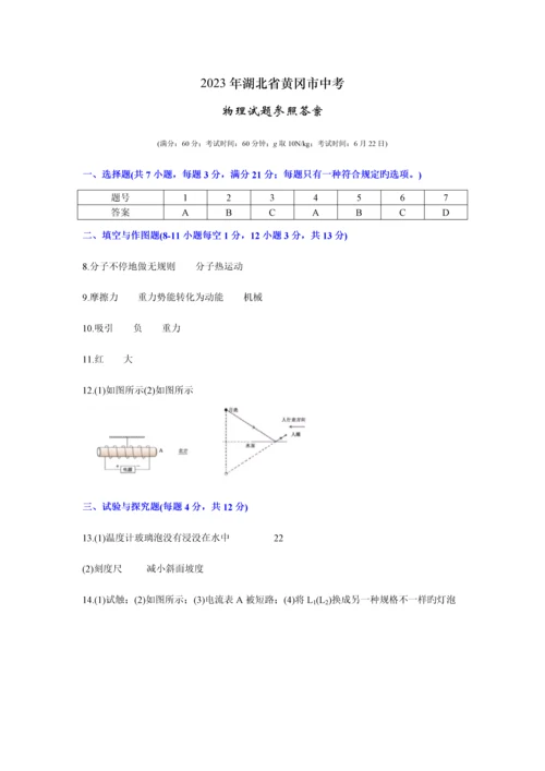 2023年黄冈市初中毕业生学业水平和高中阶段学校招生考试物理试题.docx