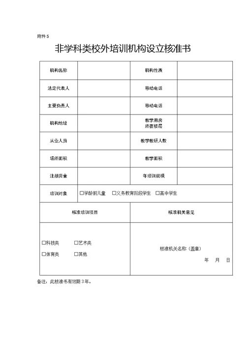 内蒙古非学科校外培训机构设立申请登记表、从业人员明细表、培训材料备案表、设立核准书