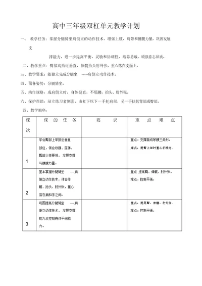 高中三年级体育与健康教案集：双杠单元教学计划