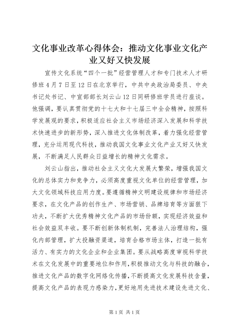 文化事业改革心得体会：推动文化事业文化产业又好又快发展.docx