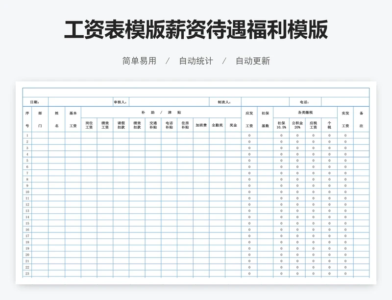工资表模版薪资待遇福利模版