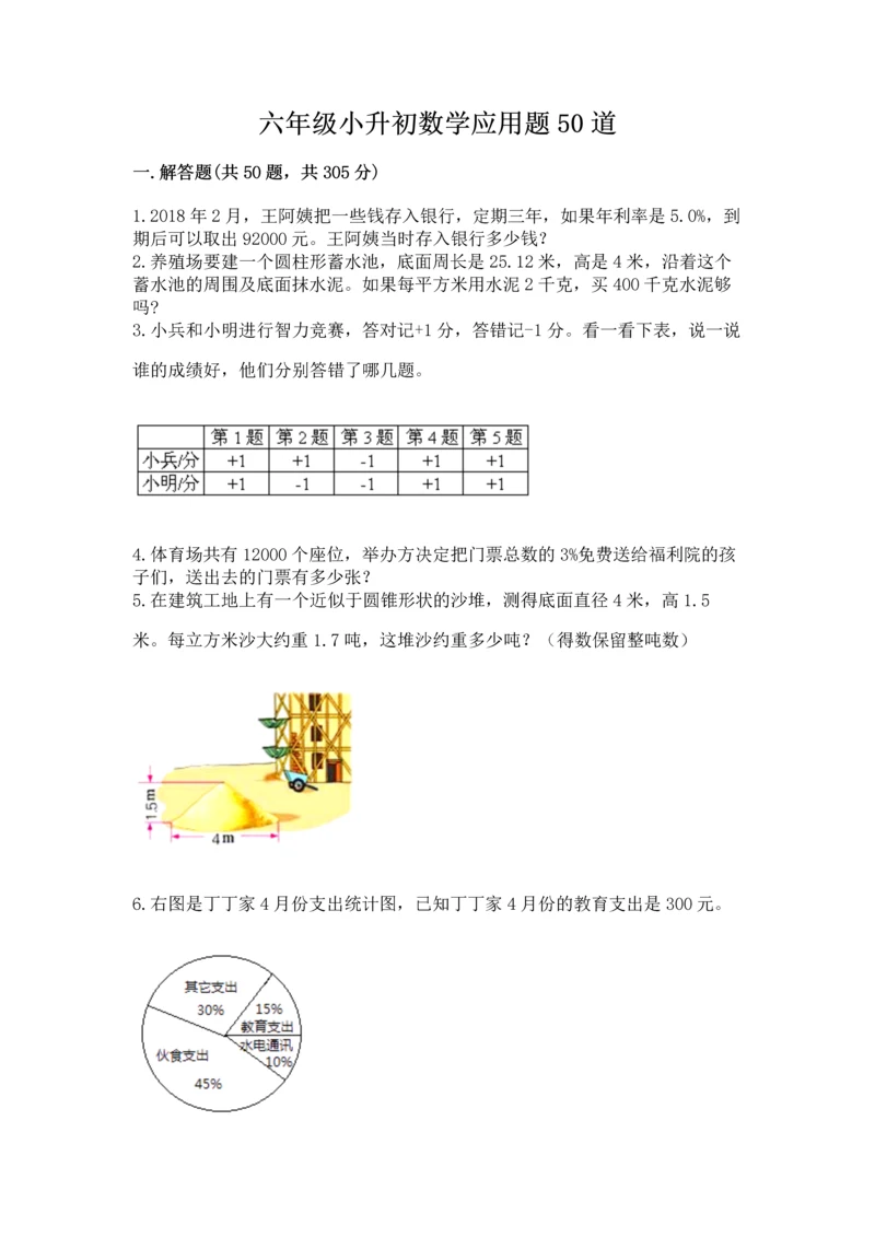 六年级小升初数学应用题50道含答案【模拟题】.docx